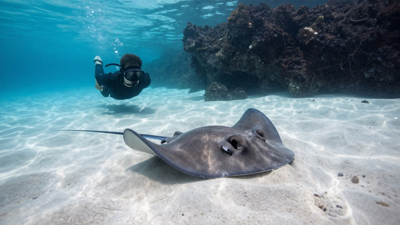 Snorkeler Drifting Over Stingray in Havana in beside a volcanic drop-off near Havana