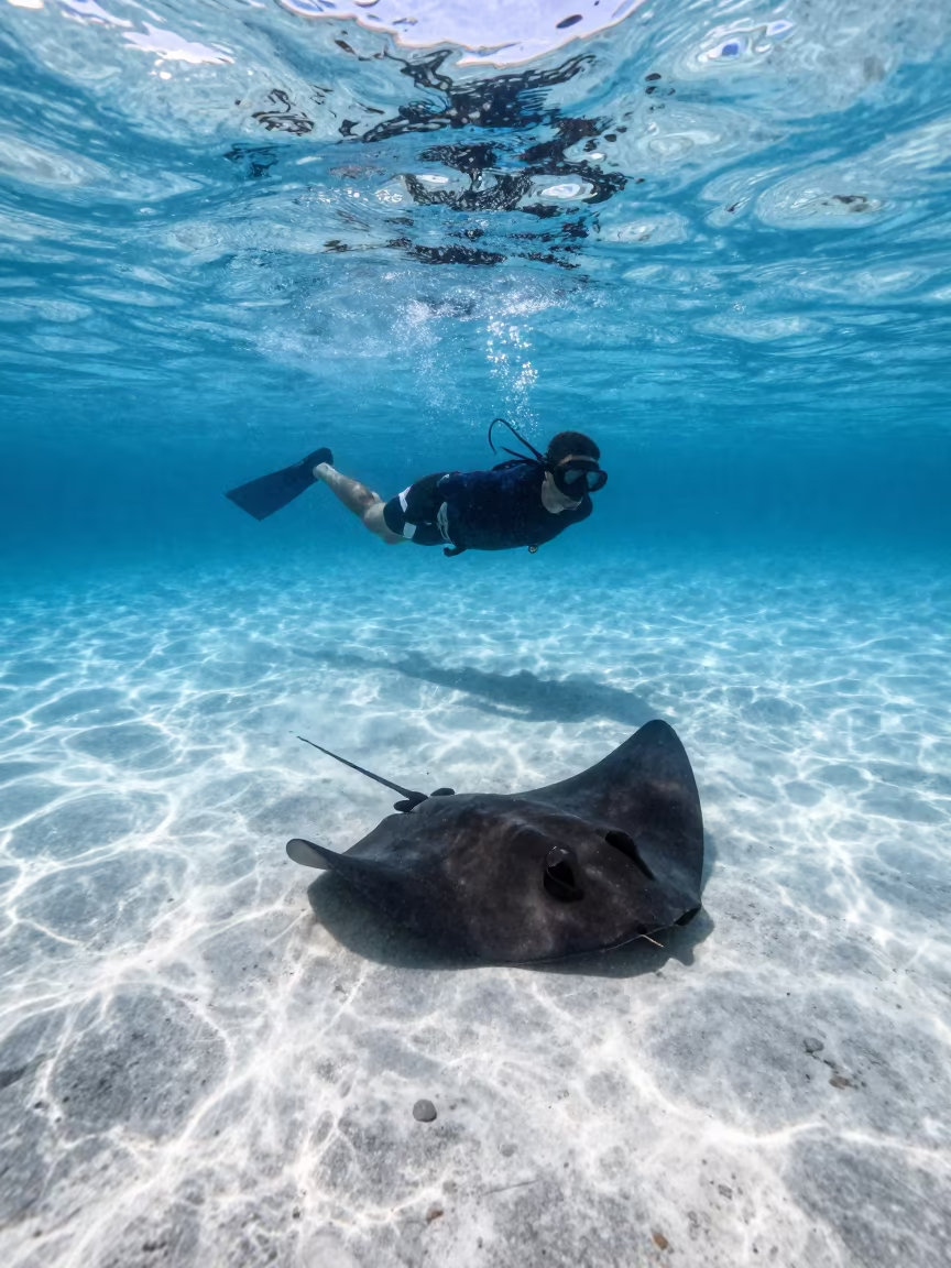 Snorkeler Drifting Over Stingray Noon Light in near Surry Hills, Sydney