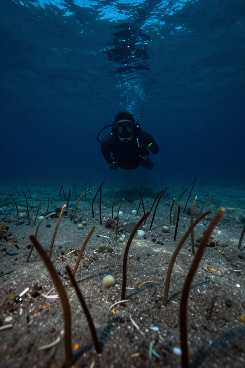 Snorkeler Over Garden Eels in Hokkaido Night in in Hokkaido