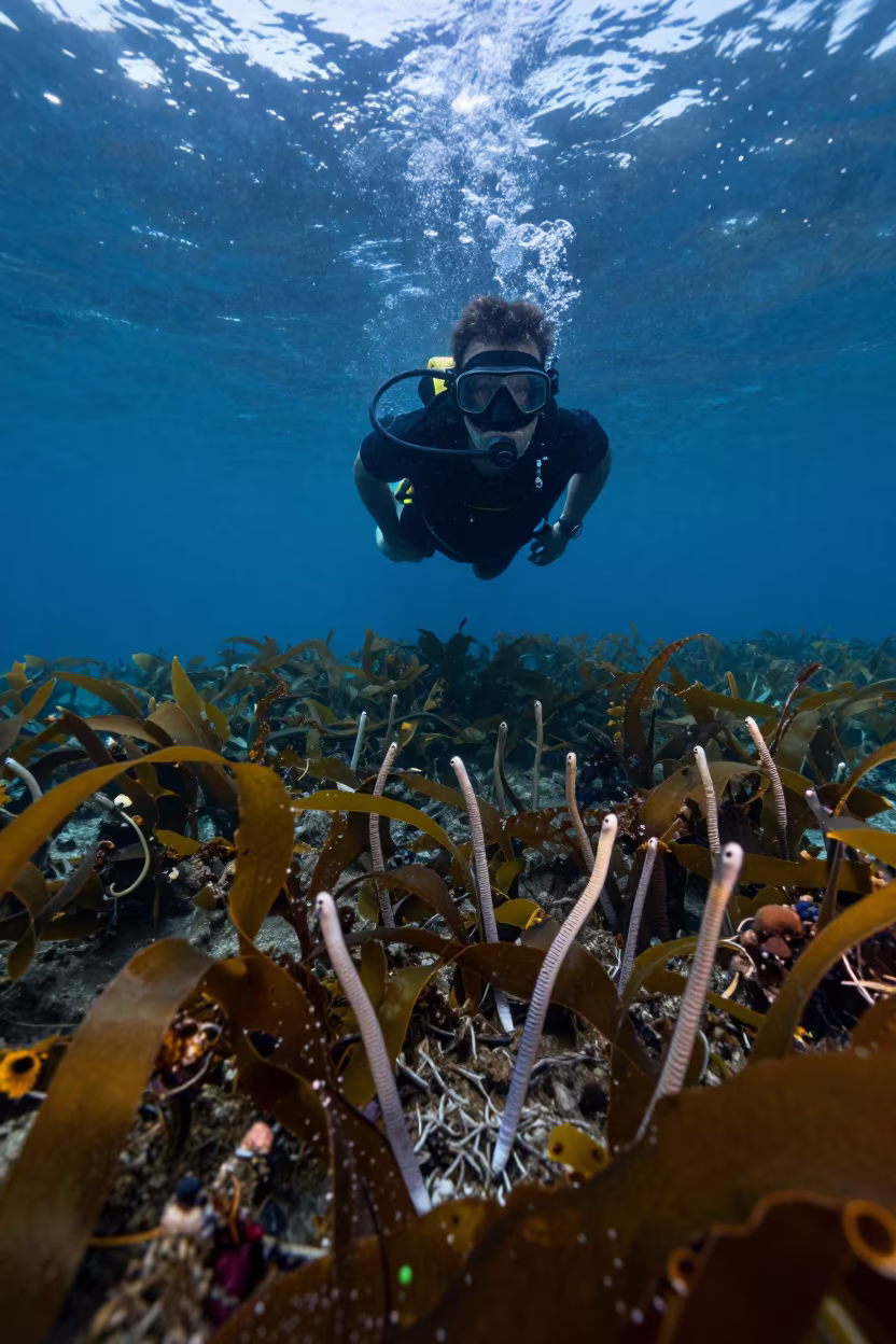 Snorkeler Over Garden Eels at Queensland Shelf in along a kelp-fringed shelf in Queensland