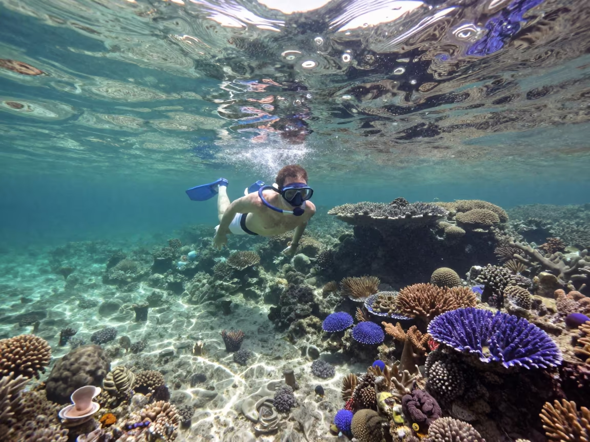 Snorkeler Over Shallow Coral Garden in Cairns in beside a reef crevice under clear water near Cairns