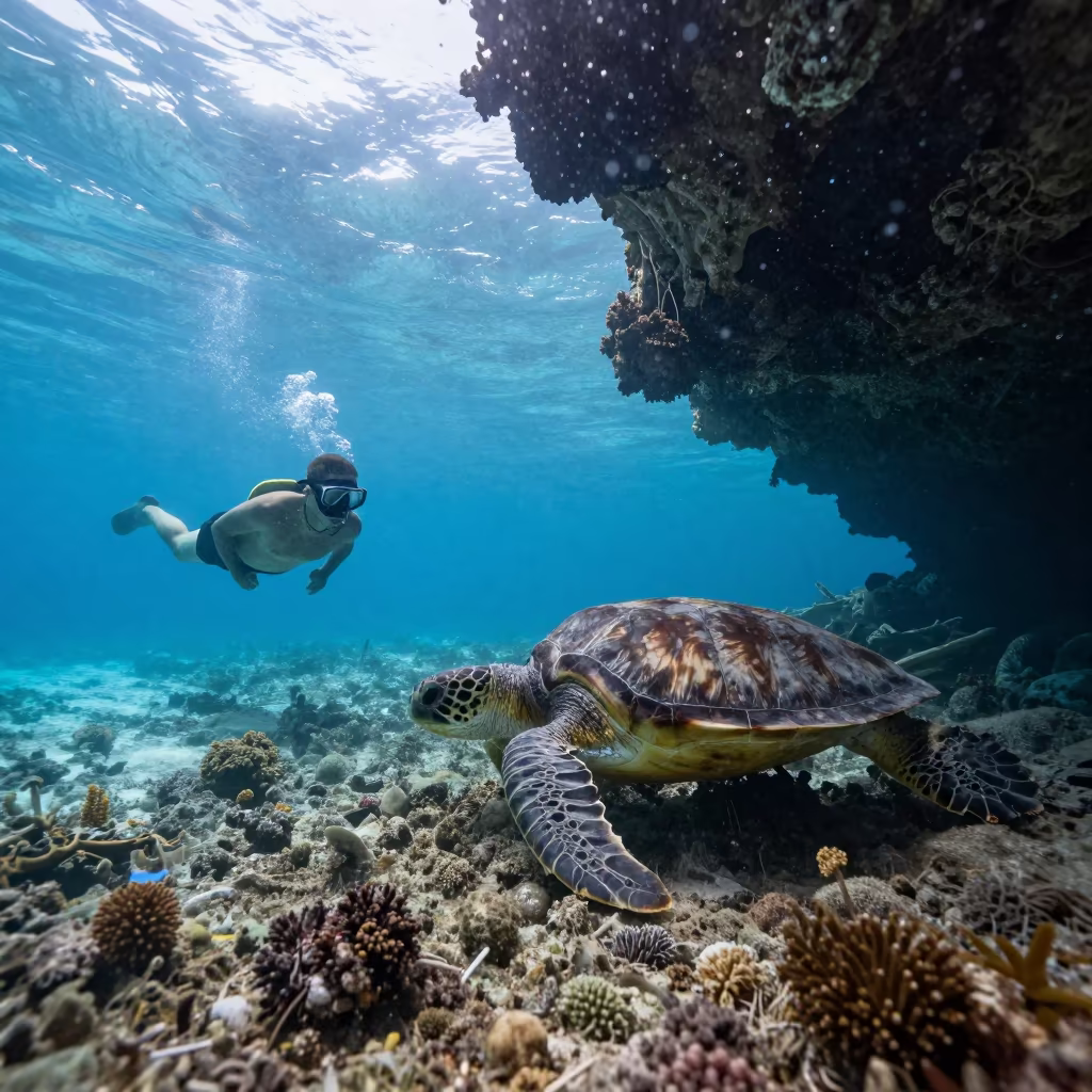 Snorkeler Watching Sea Turtle Grazing Reef Flat in beside a volcanic reef overhang near Zanzibar