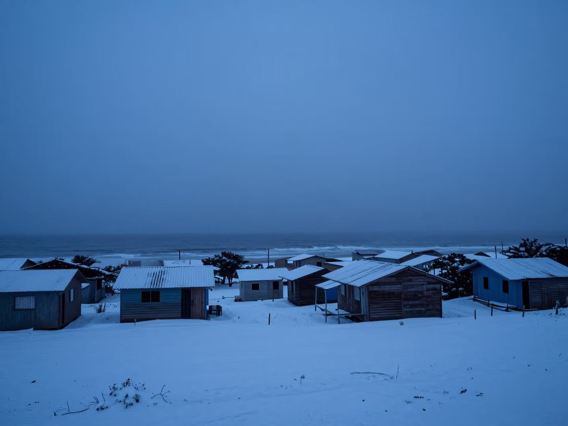 Snow Blankets Brazilian Town in Indigo Twilight Fog in through low marine fog in Brazil