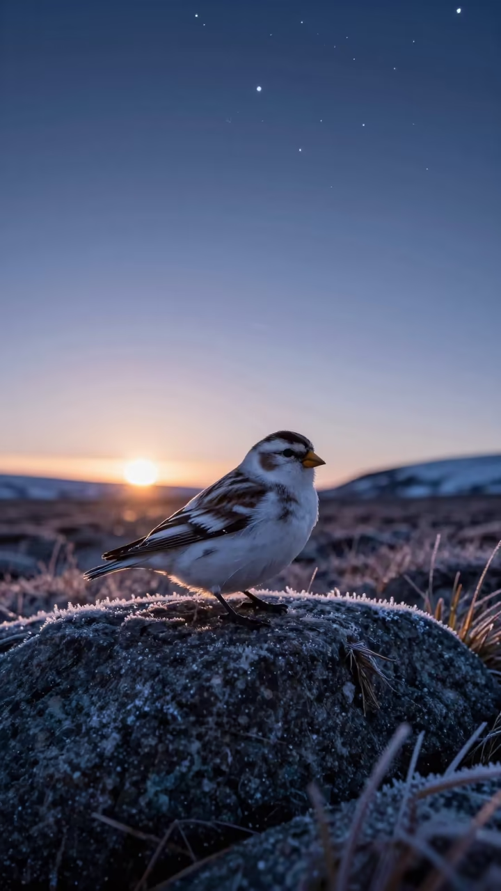 Snow Bunting on Tundra Boulder Before Dawn in near Oslo