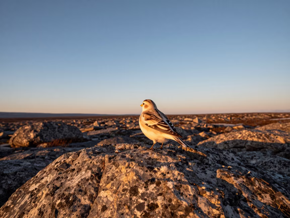 Snow Bunting on Tundra Boulder at Golden Hour in near Sapporo