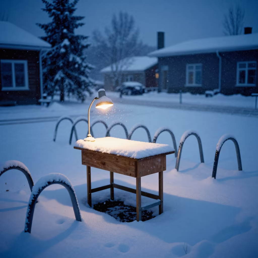 Snow Buried Desk Lamp Before Dawn Fairbanks in beside campus bike racks at dawn near Fairbanks
