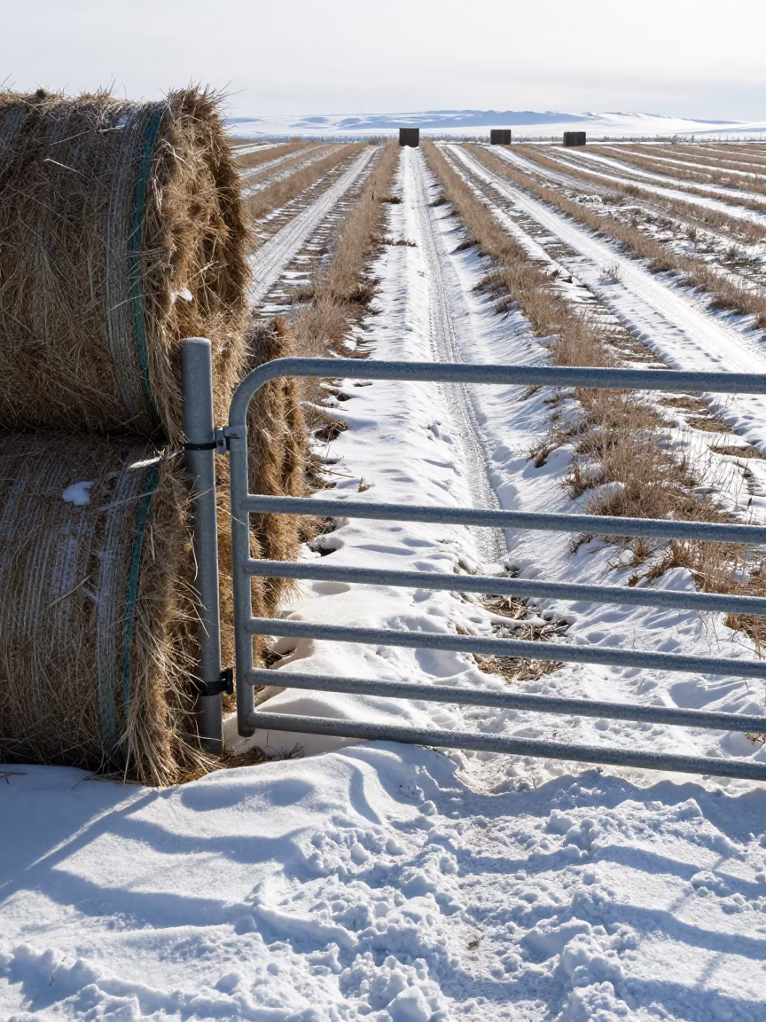 Snow Buried Gate Amid Hay Bales Fairbanks in beside stacked hay bales in Fairbanks