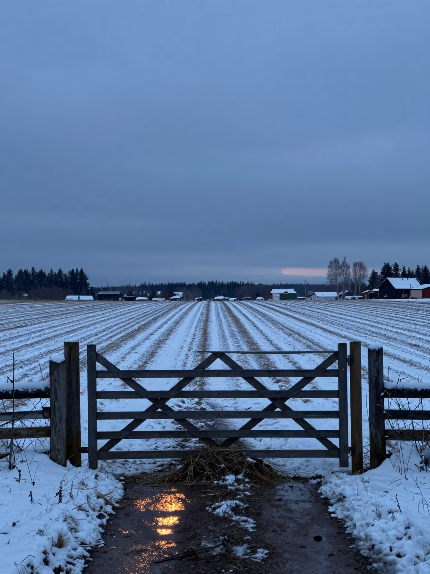 Snow Buried Gate Along Irrigated Rows in Finland in along freshly irrigated rows in Finland