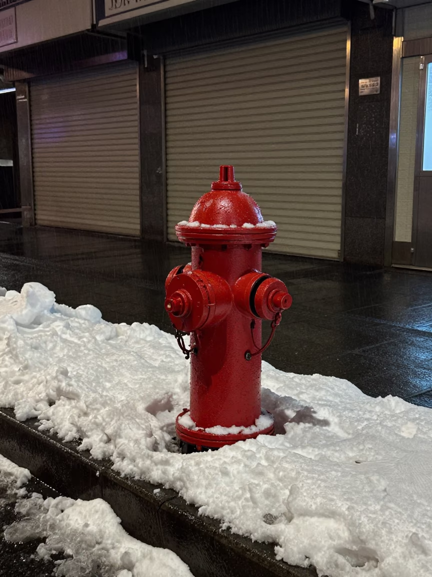 Snow Buried Hydrant Sapporo Night in along a shuttered arcade in Sapporo