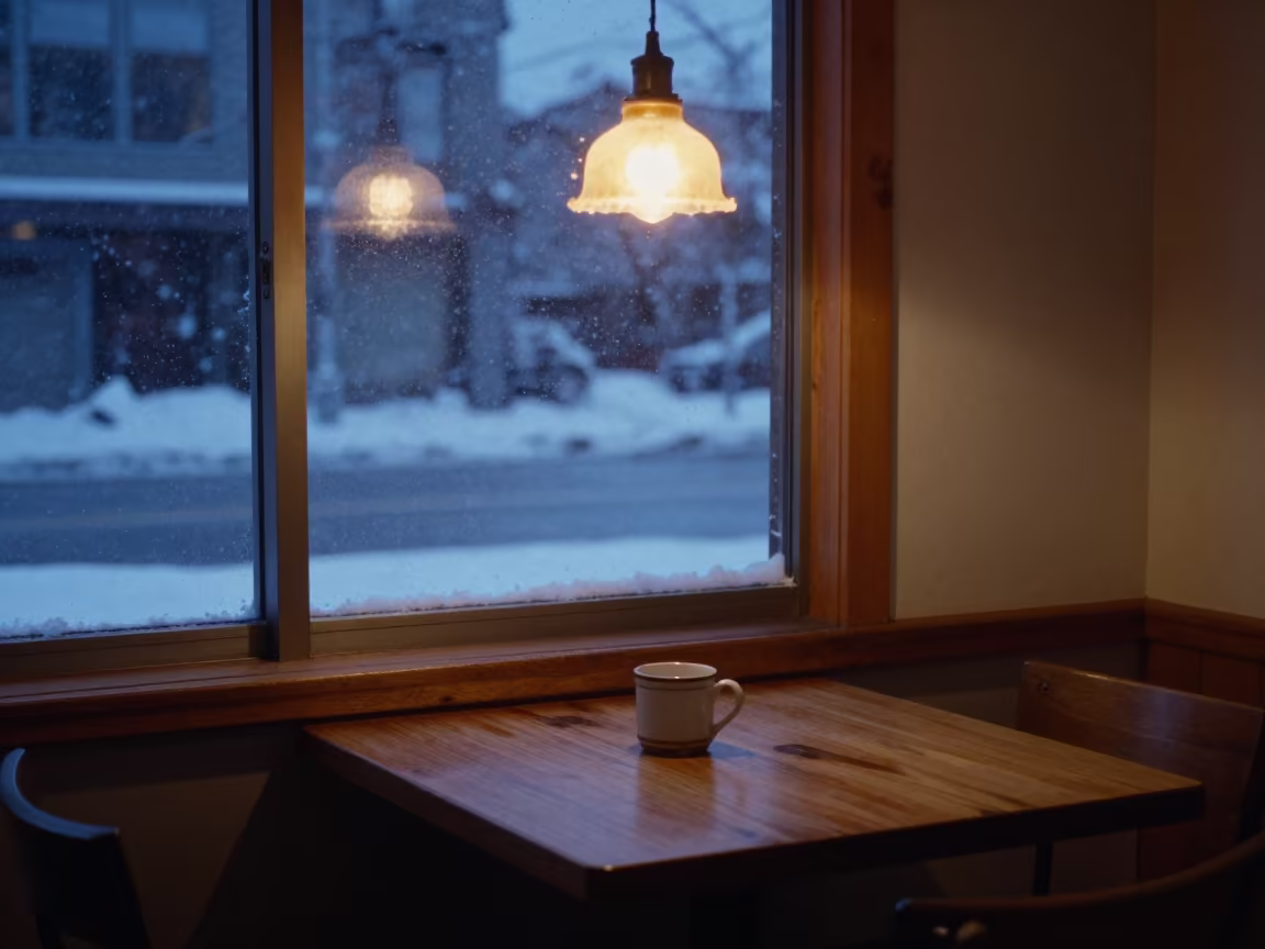 Snow on Cafe Table by Commercial Drive Window in on a cafe table by a window near Commercial Drive, Vancouver