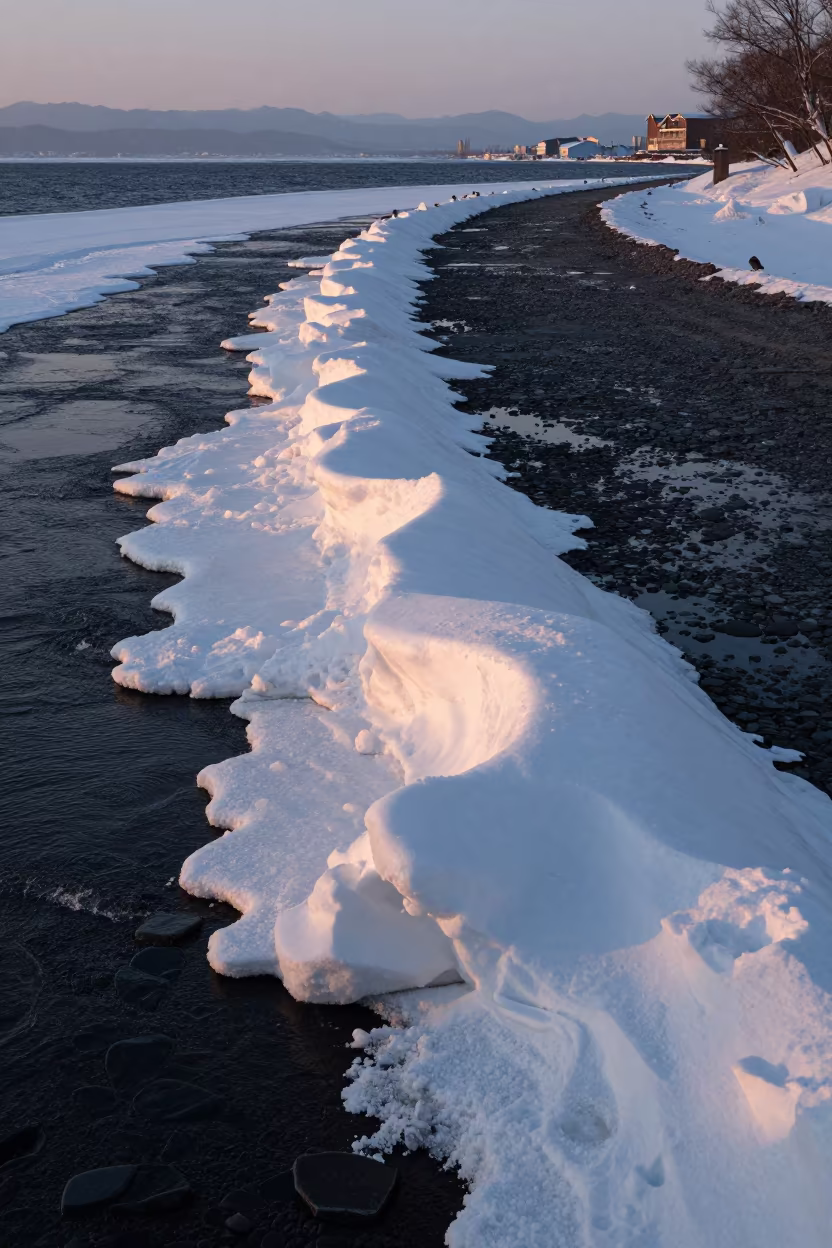 Snow Cornice Over Sapporo Shoreline at Twilight in along a wave-cut shoreline near Sapporo