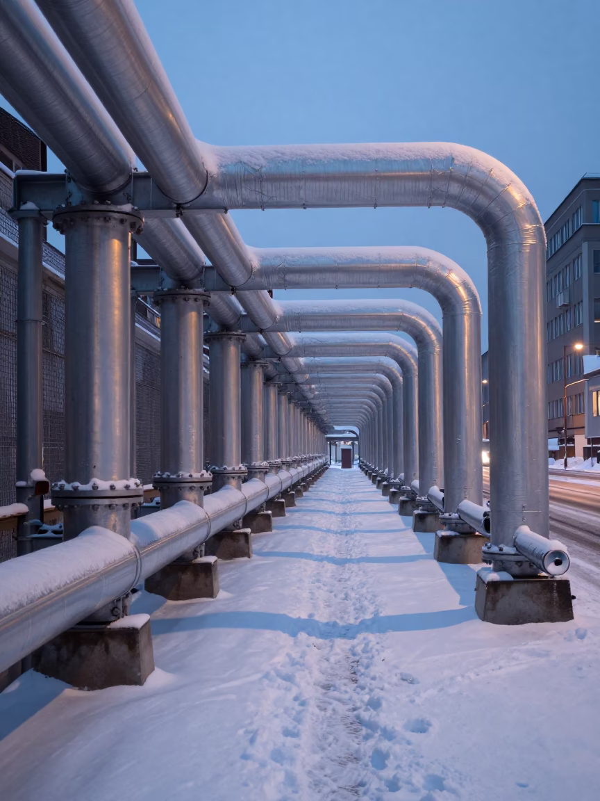 Snow-Covered District Heating Pipe Corridor at Nautical Dawn in Historic Vienna Austria in in Vienna, Austria
