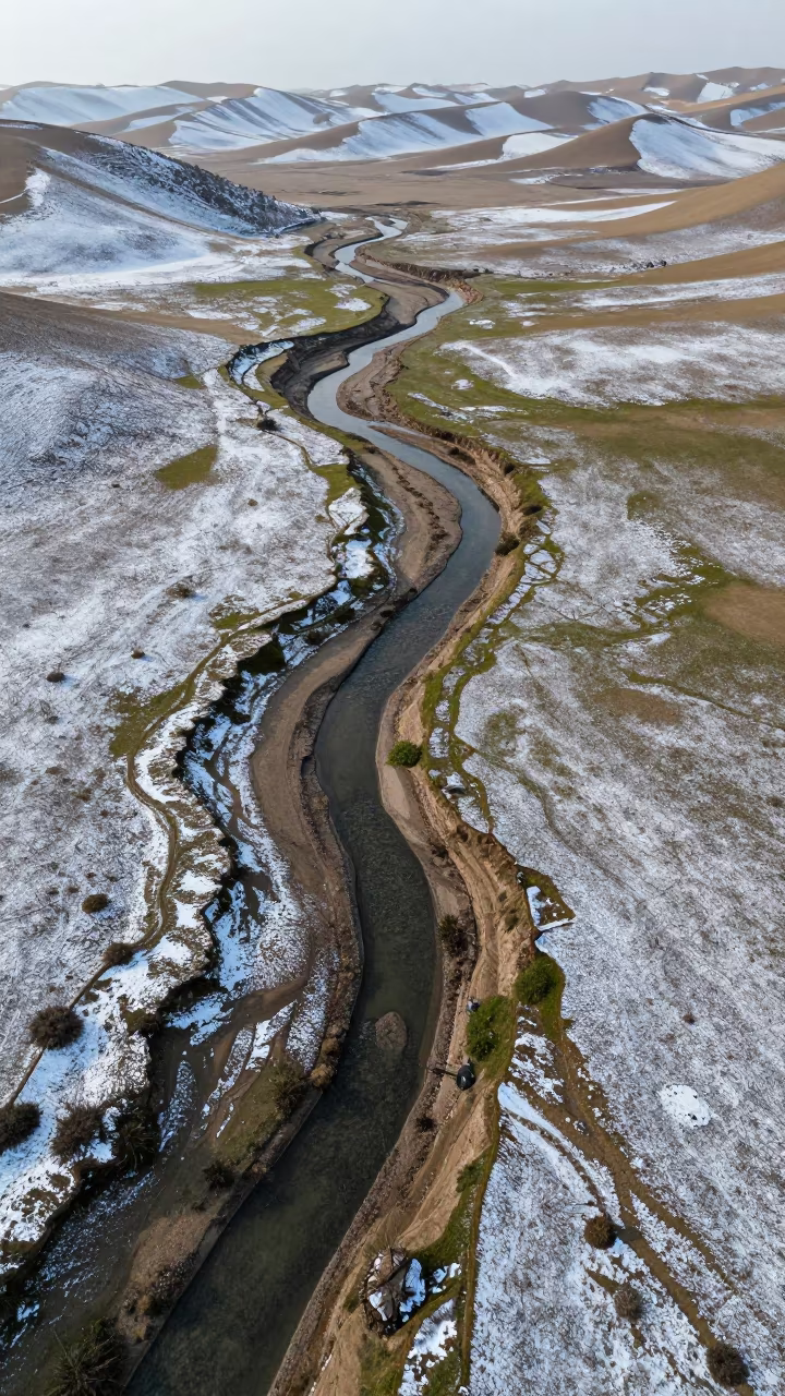 Snow Creek Winding Through Lima Dunes After Rain in above dune fields and dry wadis near Rimac, Lima