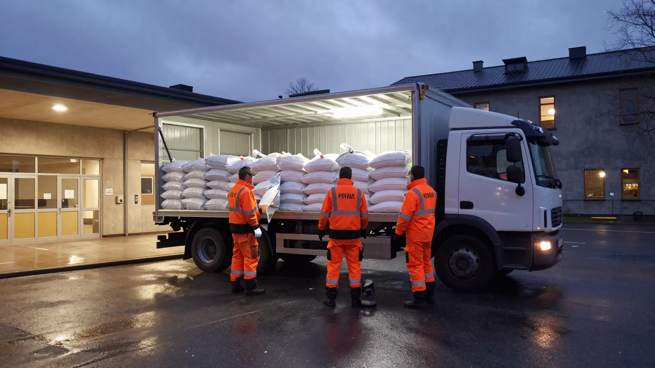Snow Crew Loading Salt Bags at Midnight Oslo in in a community center hall near Oslo
