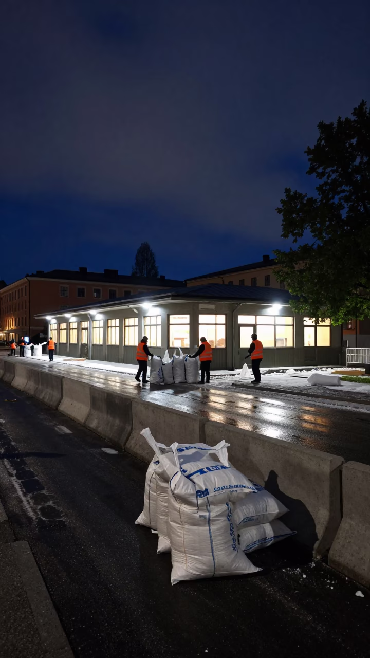 Snow Crew Loading Salt Bags Night in along barricaded protest routes in Djurgarden, Stockholm