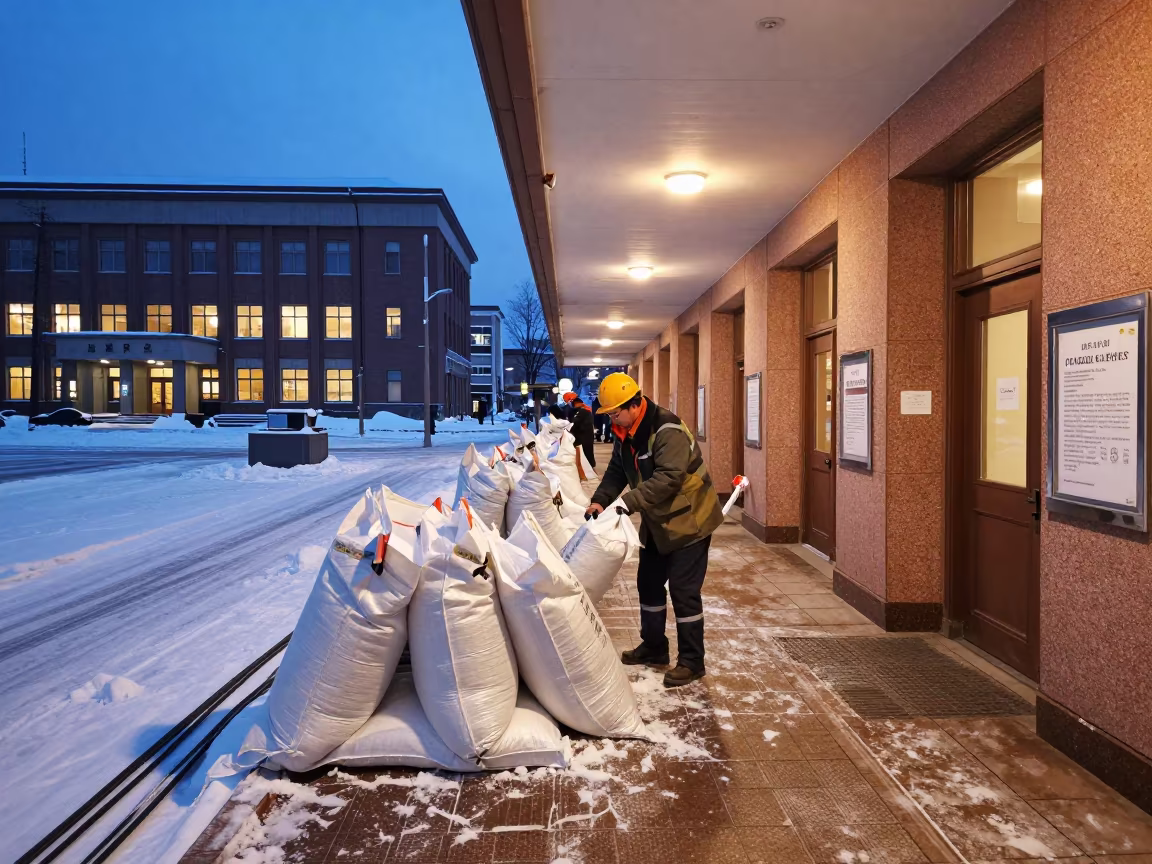 Snow Crew Loading Salt Bags Sapporo Courthouse in in a courthouse corridor near Sapporo