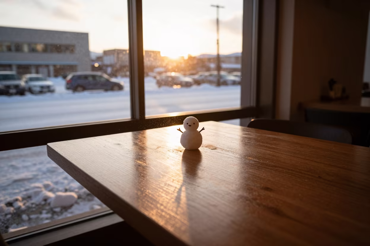 Snow Devil on Cafe Table in Sapporo Sunset in on a cafe table by a window in Sapporo