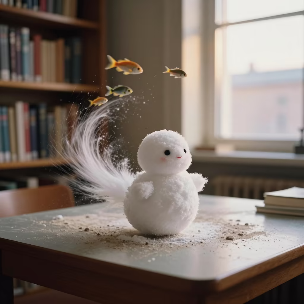 Snow Devil and Fish on Library Table in on a dusty library table in Oslo