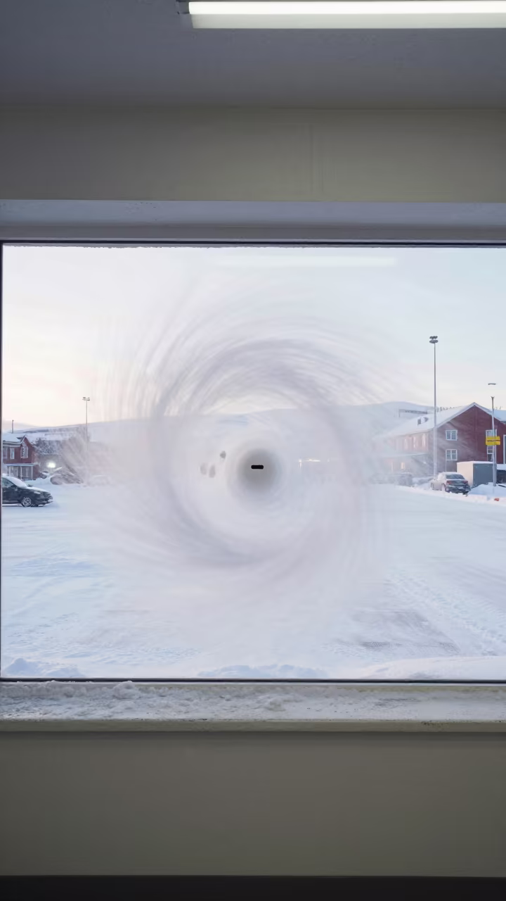 Snow Devil on Frozen Parking Lot Ledge in on a painted display ledge near Murmansk
