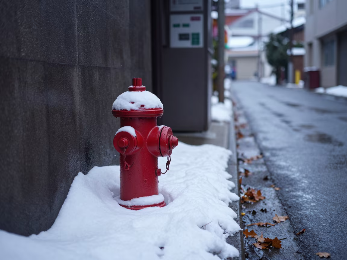 Snow Drift and Hydrant in Nagoya Alley in by a rain-darkened kiosk in Nagoya