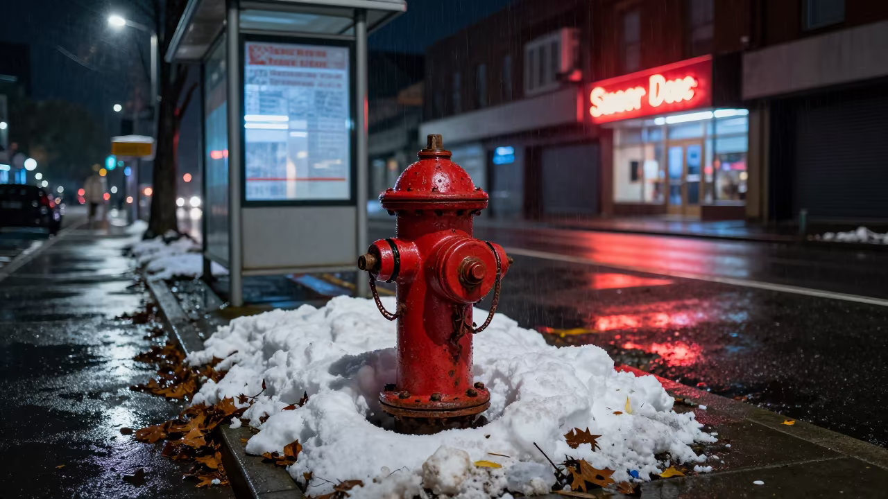 Snow Drift and Neon on Brisbane Street in beside a steamed-up bus shelter in Brisbane