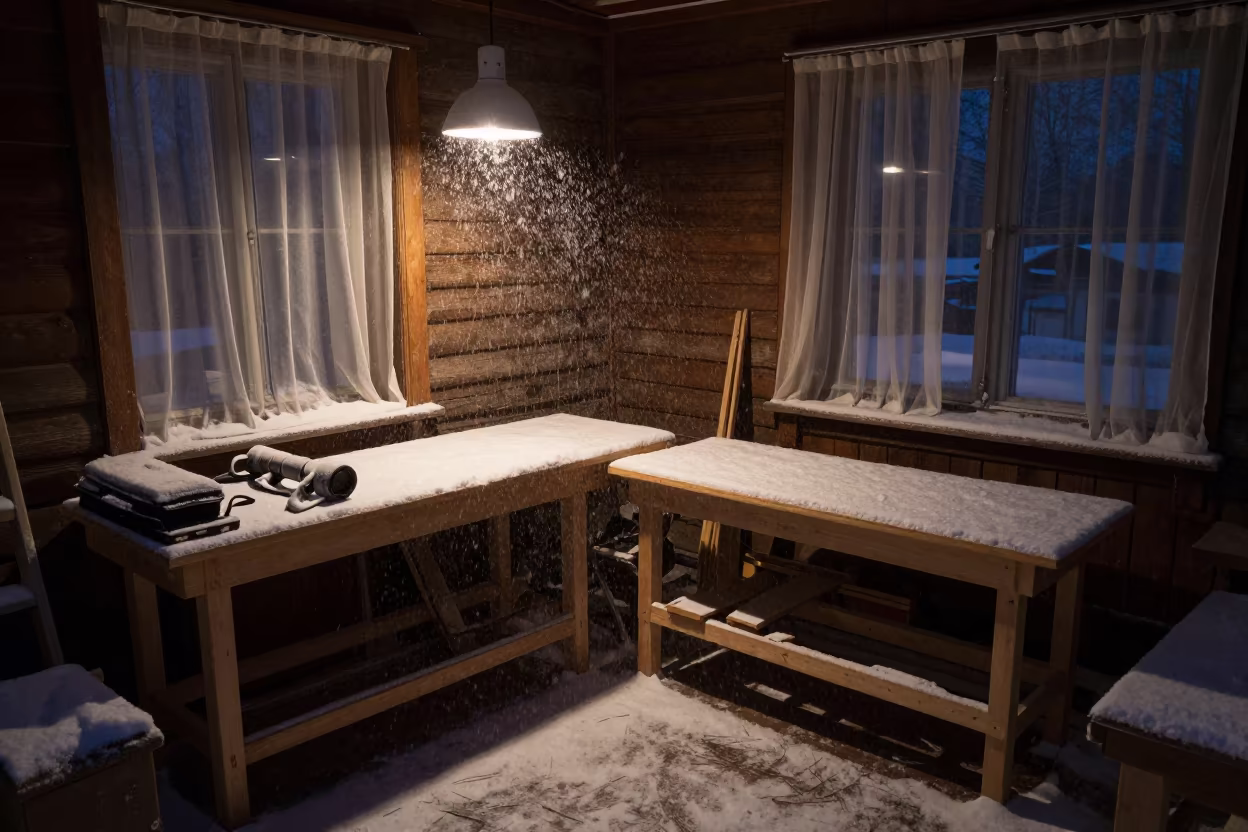 Snow Drifting Through Porch Light on Workshop Shelf in on a workshop shelf in Suomenlinna, Helsinki