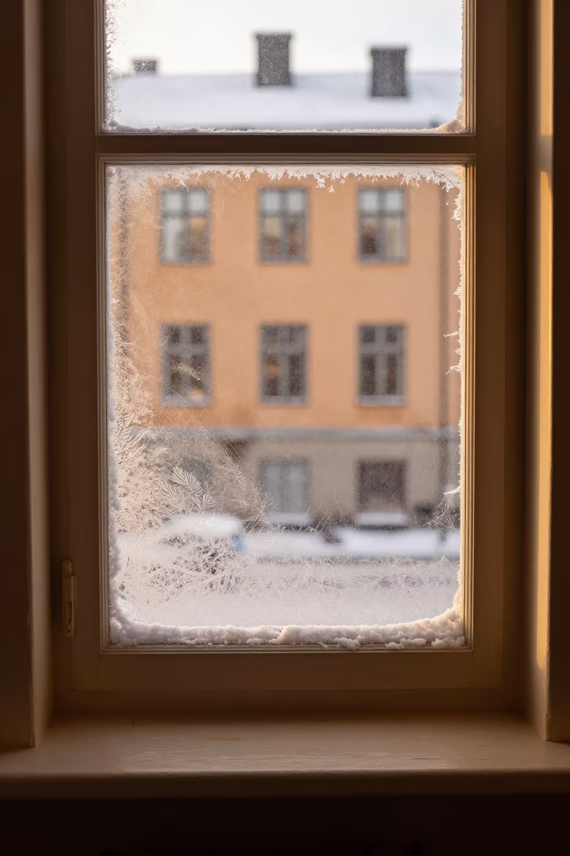 Snow Dust on Window Ledge Golden Hour Stockholm in on a painted display ledge near Ostermalm, Stockholm