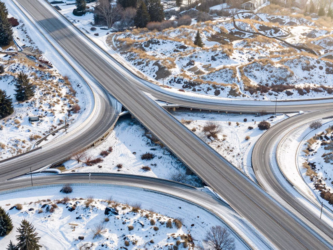 Snow Dusted Cloverleaf Highway Aerial View in above dune fields and dry wadis near Strathcona, Vancouver