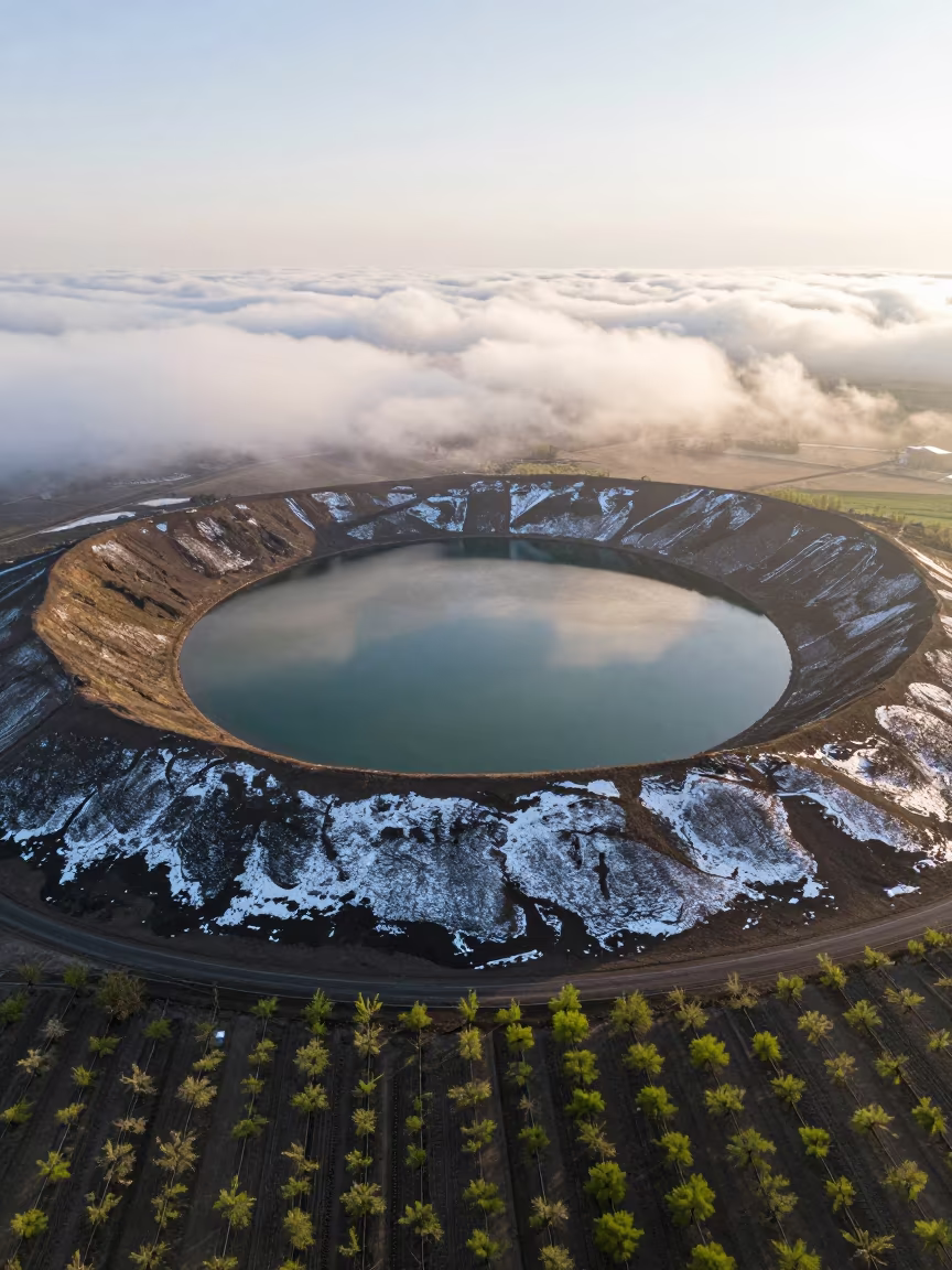 Snow Dusted Volcanic Crater Lake Above Almaty in far above orchard blocks and irrigation lines near Almaty