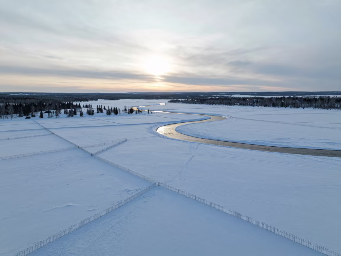 Snow Fences Drifting Over Braided Rivers Near Yellowknife in high above braided river channels near Yellowknife