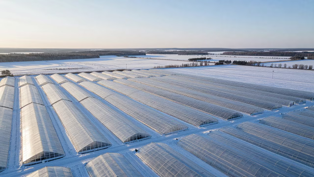 Snow Fences Over Greenhouse Grids in Winter in high over greenhouse grids in Northwest Territories