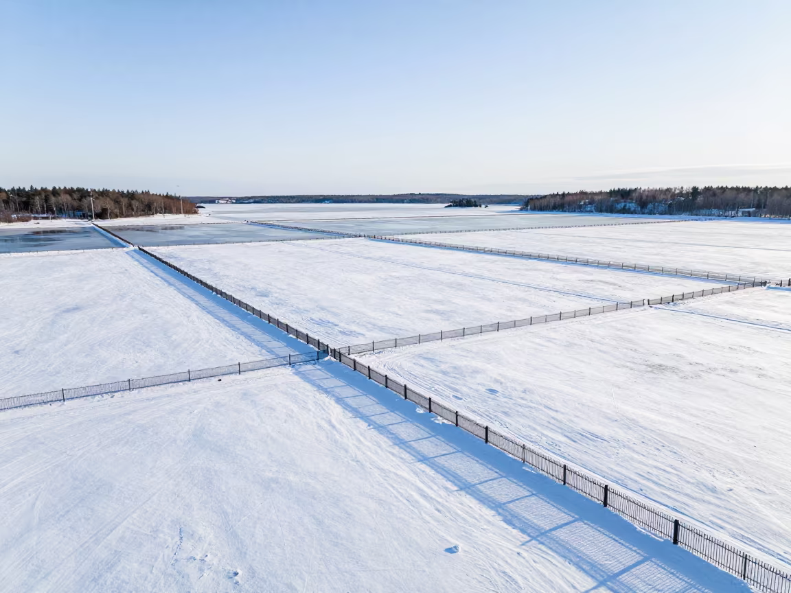 Snow Fences Over Salt Ponds in Polar Night in high over salt ponds and causeways near Suomenlinna, Helsinki