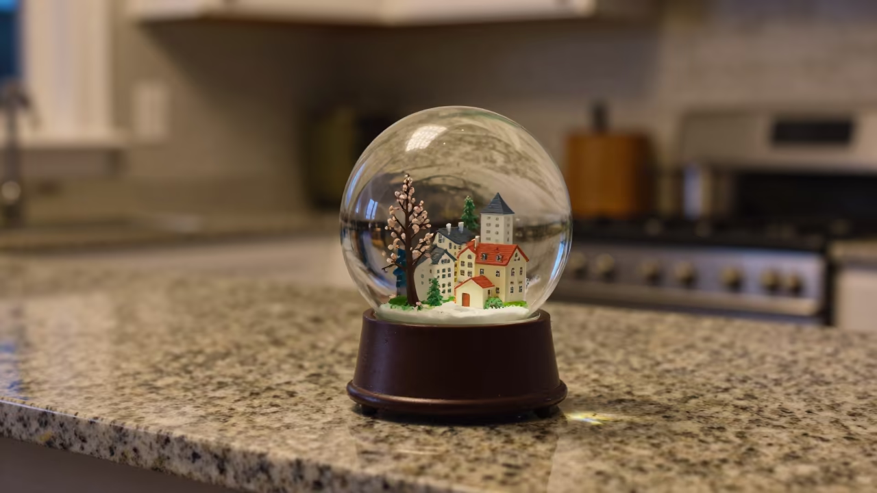 Snow Globe Village in Vancouver Kitchen Night in in a cozy kitchen in Davie Village, Vancouver