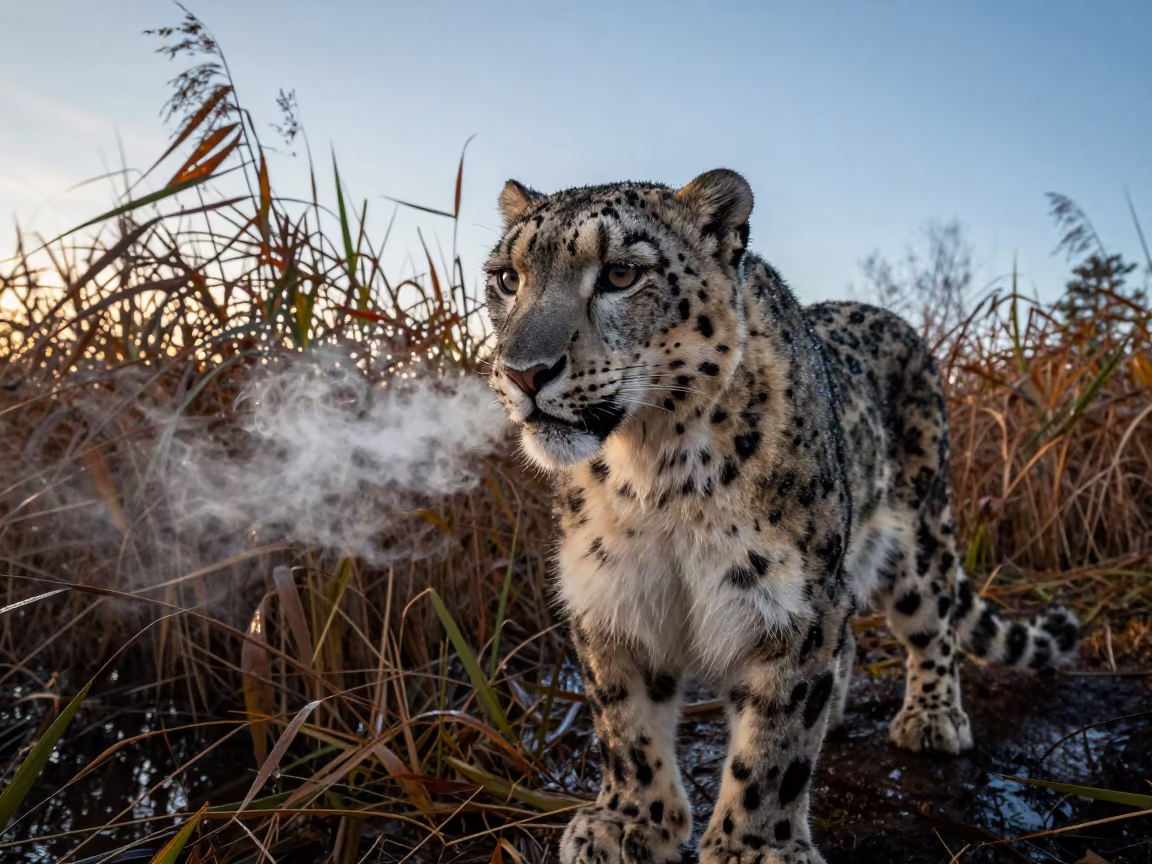 Snow Leopard Breath in Helsinki Reed Bed Dawn in at the edge of a reed bed near Helsinki