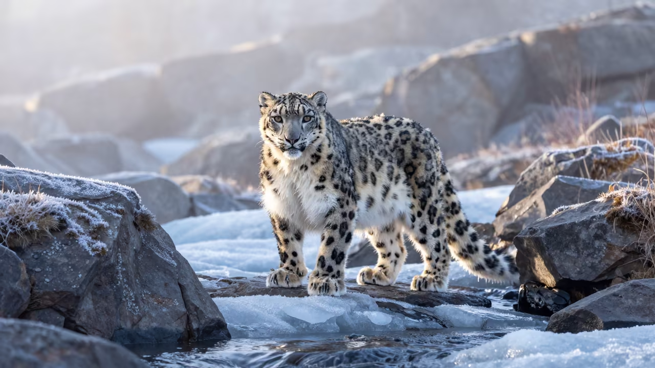 Snow Leopard at Dawn in Swedish Mist in above a glacial stream near Stockholm