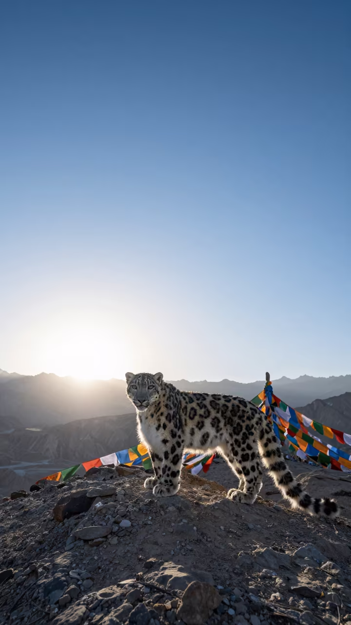 Snow Leopard on Himalayan Ridge at Dawn in on a wind-cut ridge below prayer flag lines near Leh