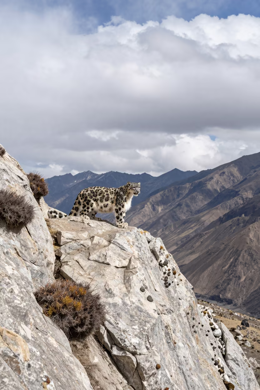 Snow Leopard on Himalayan Ridge Midday in at a rocky saddle overlooking a mountain valley near Lhasa