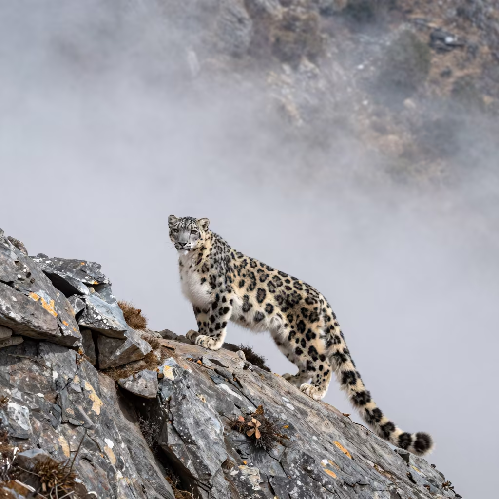 Snow Leopard on Himalayan Ridge in Mist in at a rocky saddle overlooking a mountain valley near Thimphu