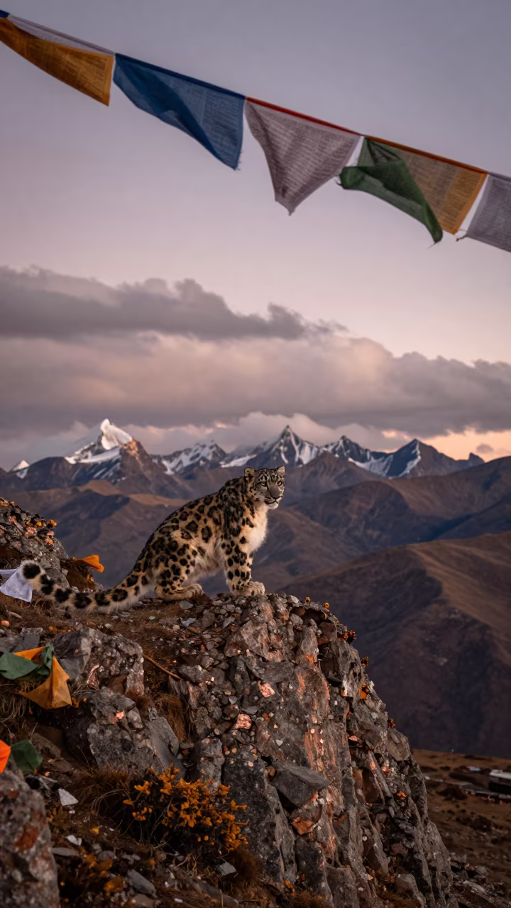 Snow Leopard on Lhasa Ridge at Dusk in along a high mountain pass beneath prayer flags near Lhasa