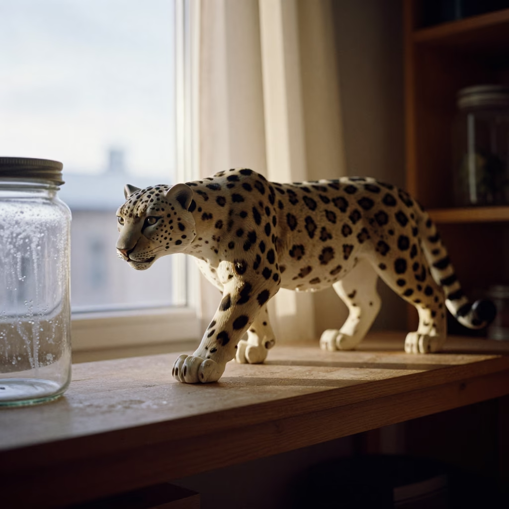 Snow Leopard Prowls Workshop Shelf Oslo in on a workshop shelf near Oslo