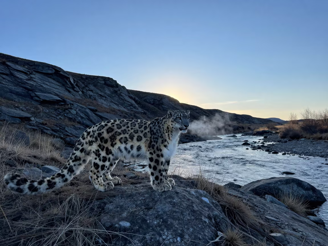 Snow Leopard at Riverbank Dawn Yellowknife in on a wind-scoured ridge near Yellowknife