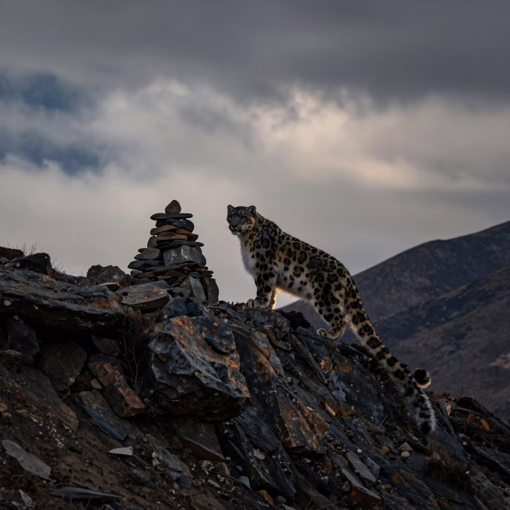 Snow Leopard Silhouette on Himalayan Ridge at Dusk in beside a summit cairn above the tree line near Lhasa