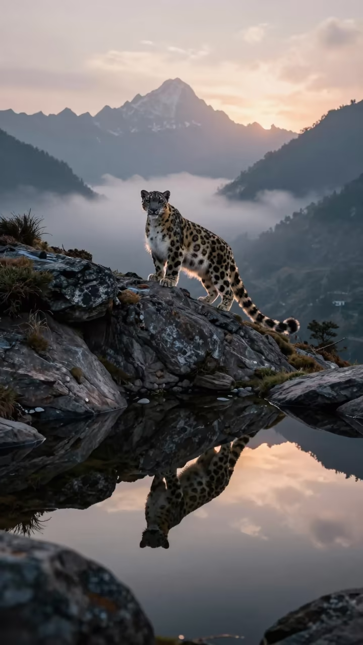 Snow Leopard Silhouette at Twilight on Himalayan Ridge in at a rocky saddle overlooking a mountain valley near Kathmandu