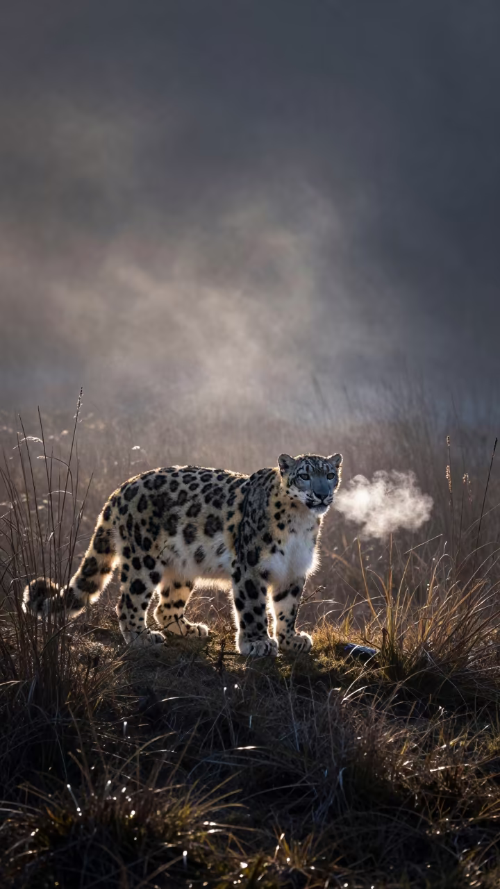 Snow Leopard in Stockholm Reed Bed at First Light in near Djurgarden, Stockholm