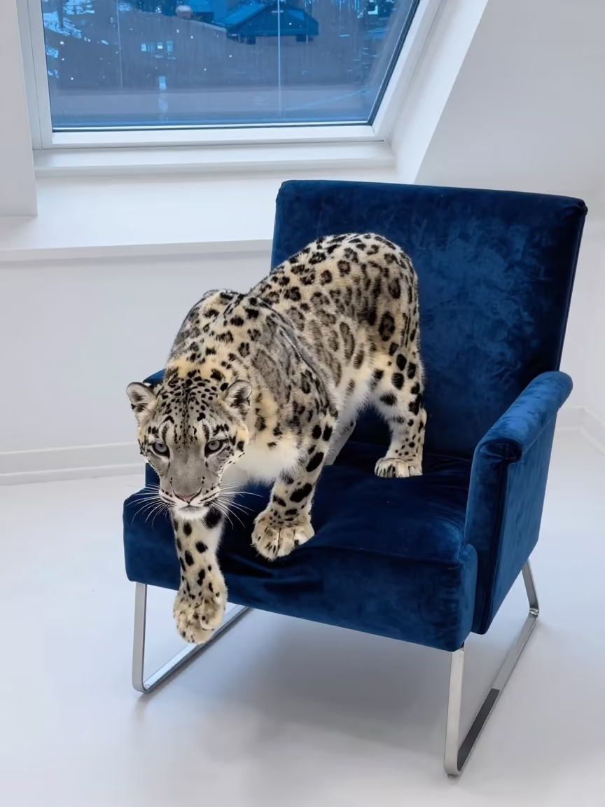 Snow Leopard on Velvet Chair in Kiruna in on a velvet chair in Kiruna