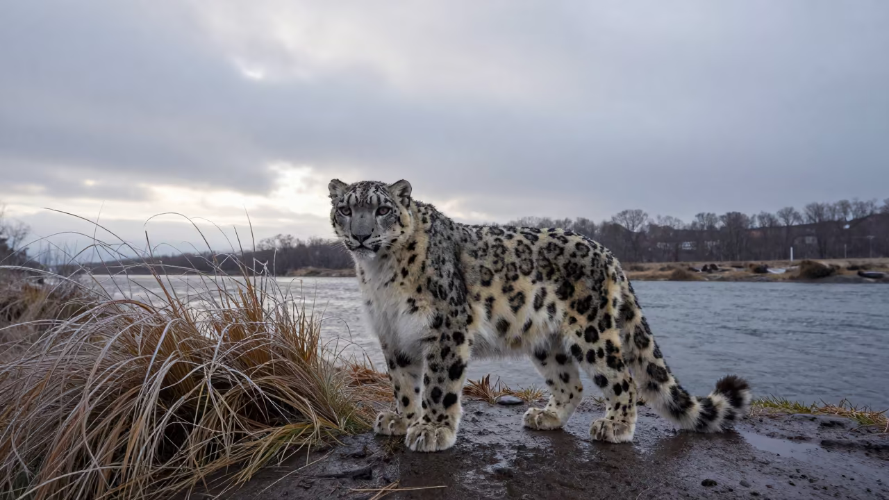 Snow Leopard at Winter Riverbank Dawn in along a game trail near Sapporo