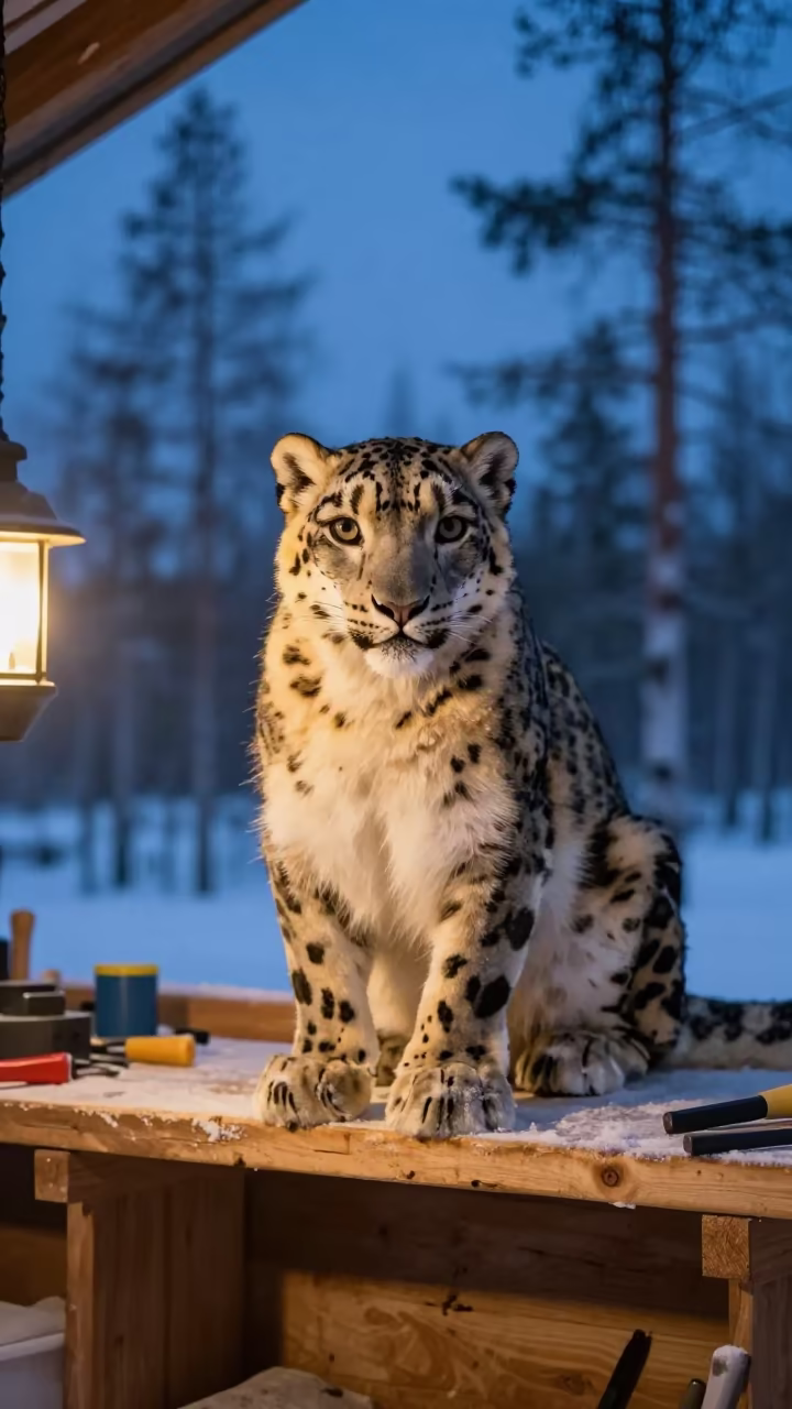 Snow Leopard on Workshop Shelf Winter Twilight in on a workshop shelf in Rovaniemi