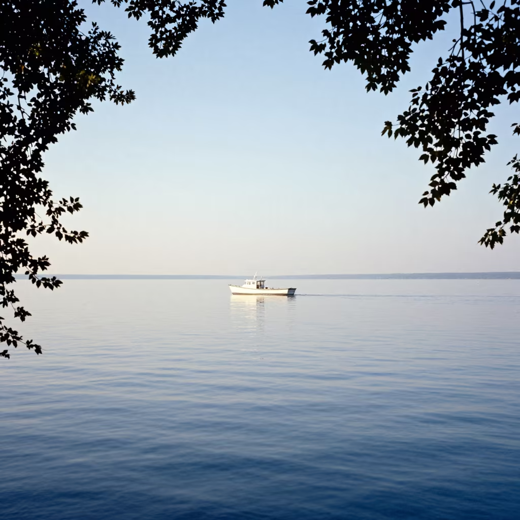 Snow on Lake Boat Varna Late Summer Afternoon in across a remote ferry crossing near Varna