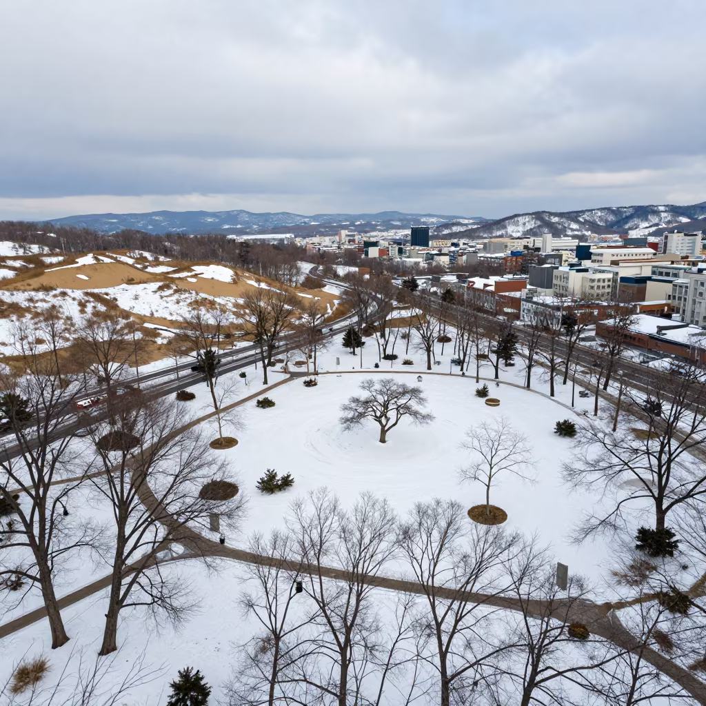 Snow Park Aerial View Sapporo Dunes in above dune fields and dry wadis near Sapporo