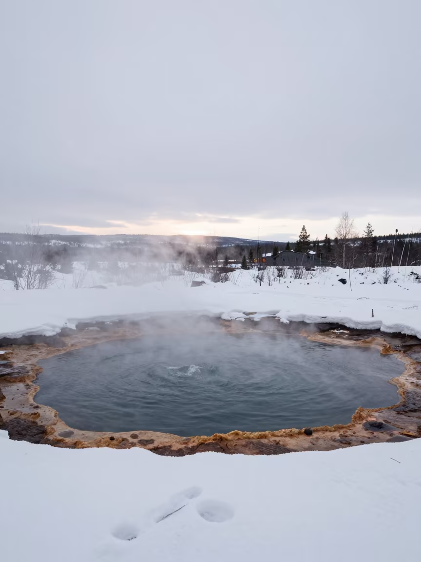 Snow Rimmed Hot Spring Floodplain Finland Dawn in across a floodplain after rain in Finland